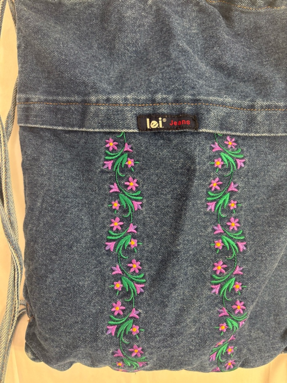 Y2K Embroidered Denim Drawstring Backpack LEI - Picture 6 of 7